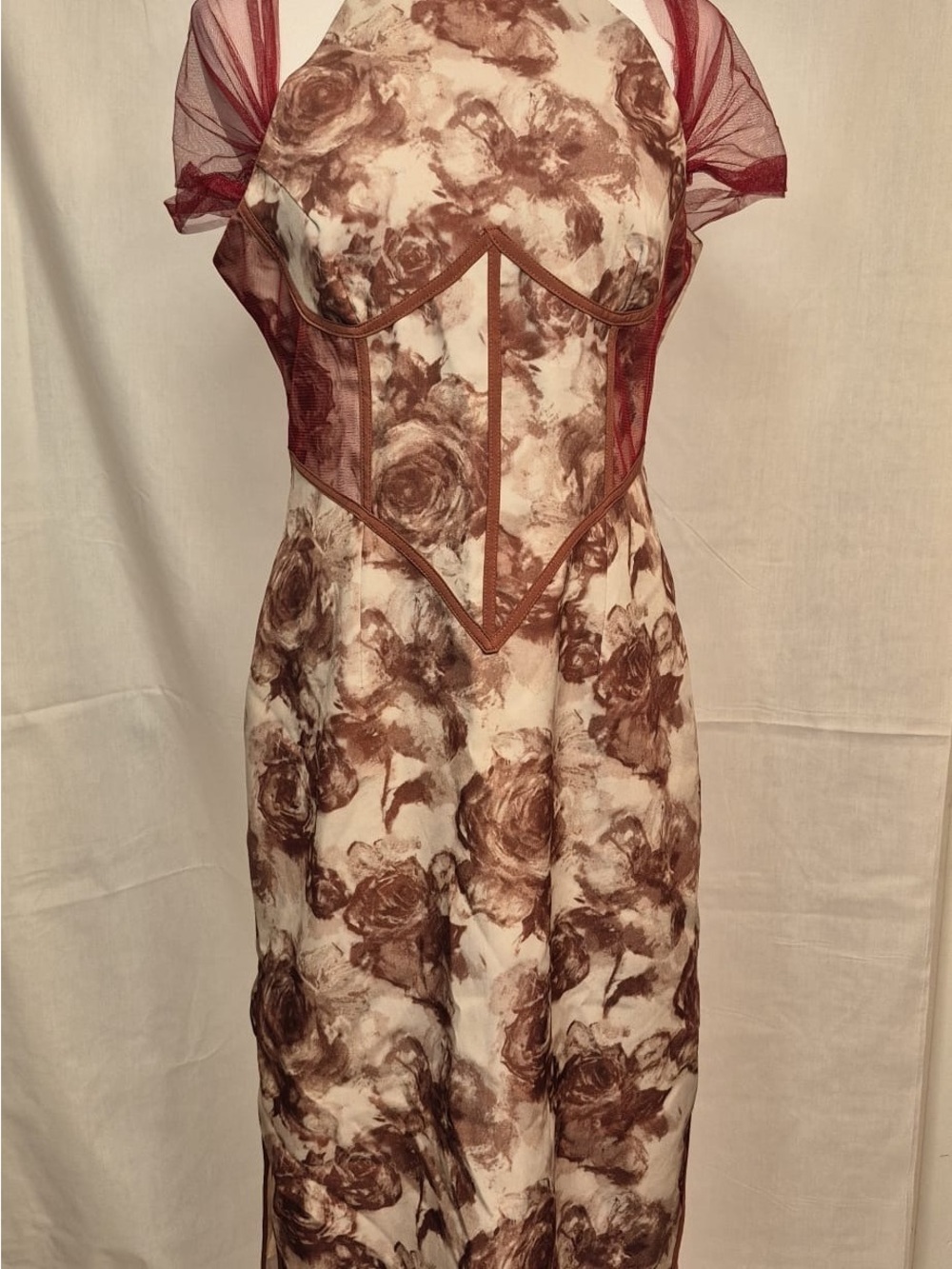 2070 - Floral Mesh Accent Midi Dress in Brown and Cream